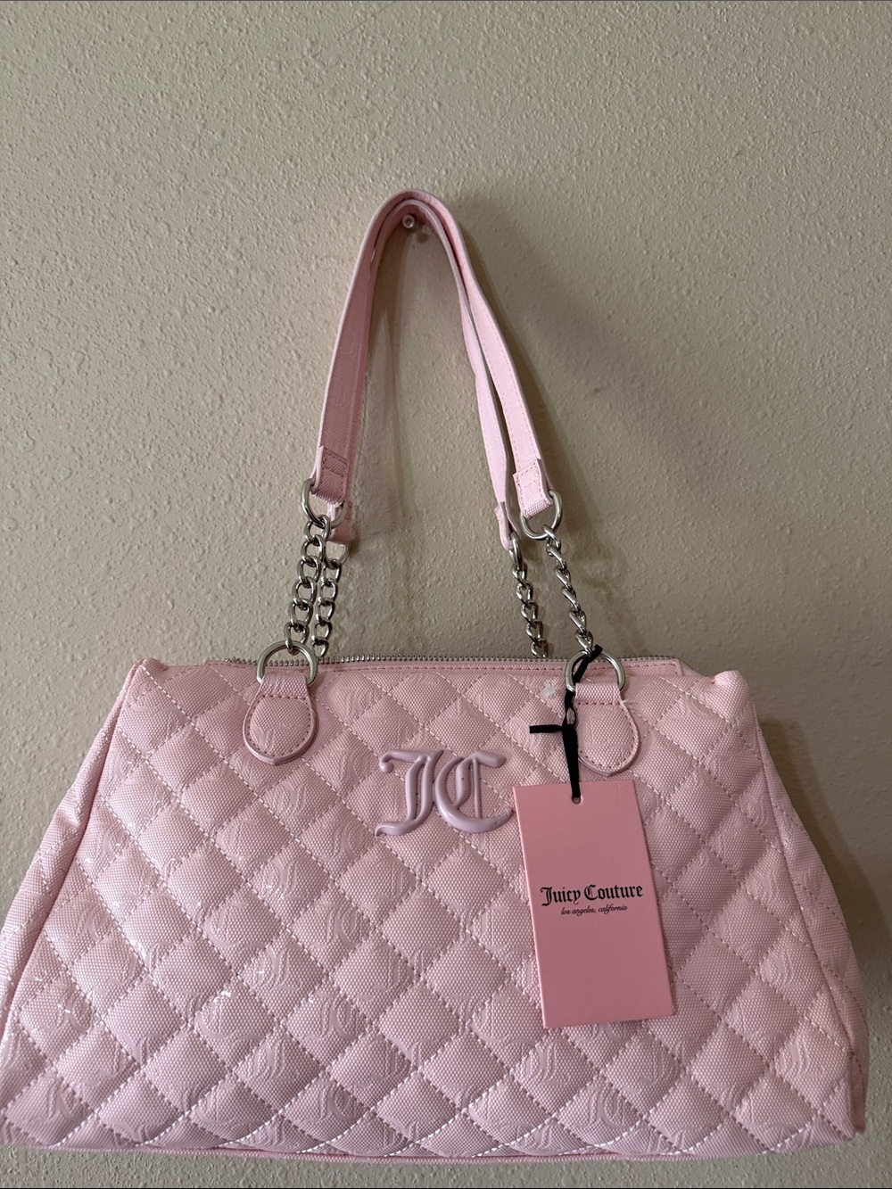 Juicy Couture Quilted Light Pink Shoulder Tote with Chain Straps